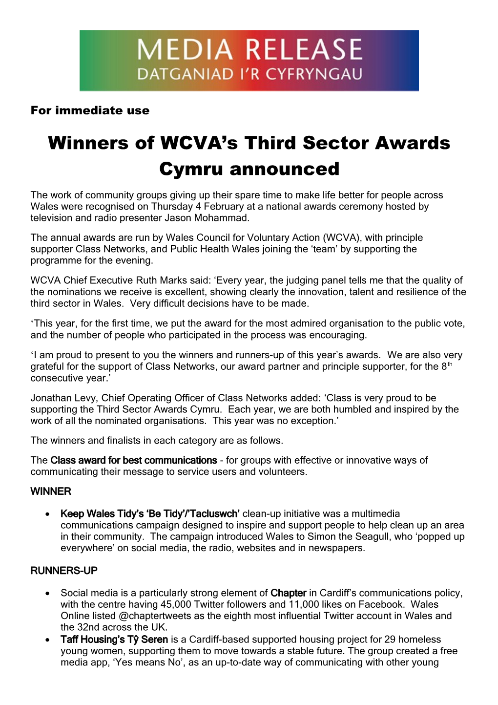 Winners of WCVA S Third Sector Awards Cymru Announced