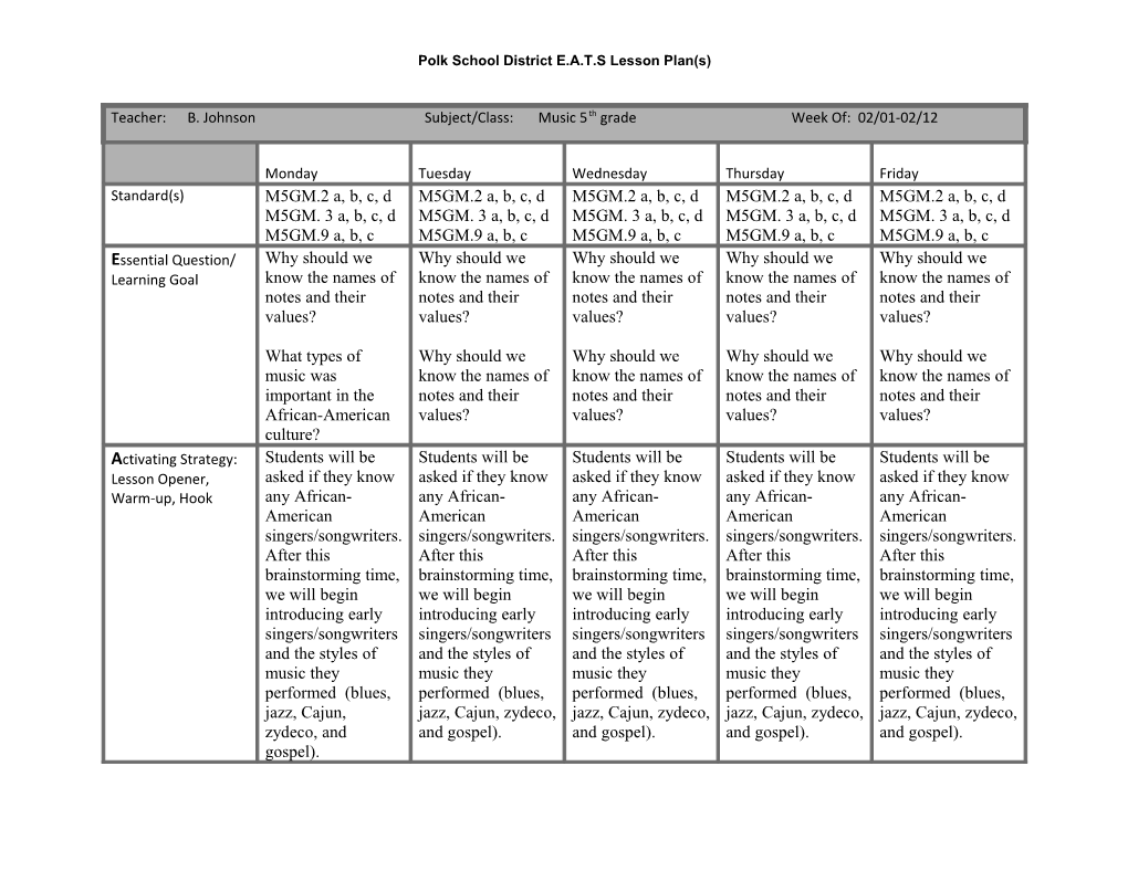 Polk School District E.A.T.S Lesson Plan(S) s2