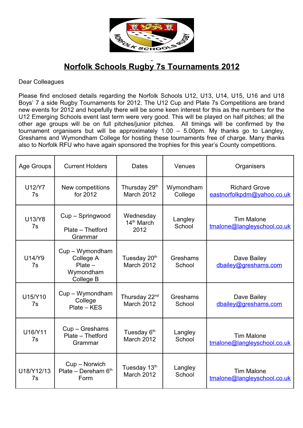 Norfolk Schools Rugby 7S Tournaments 2012