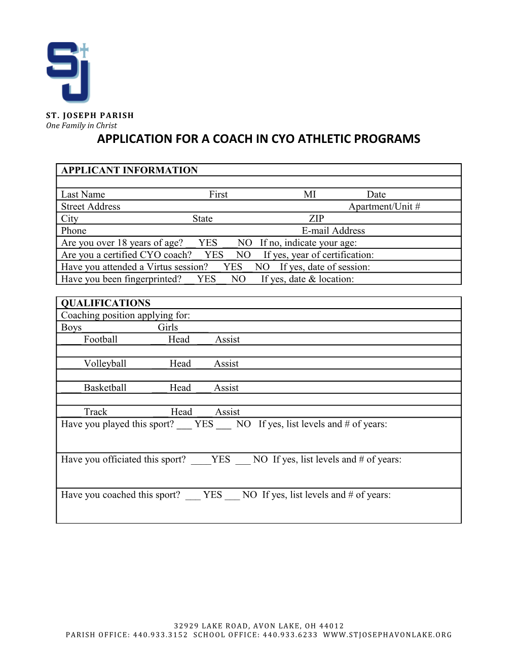 Application for a Coach in Cyo Athletic Programs