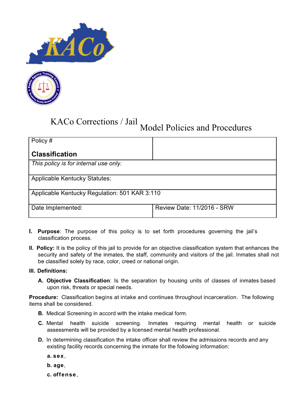 Kaco Corrections / Jail Model Policies and Procedures