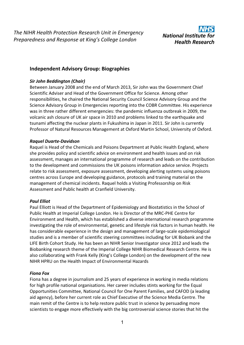 Independent Advisory Group: Biographies