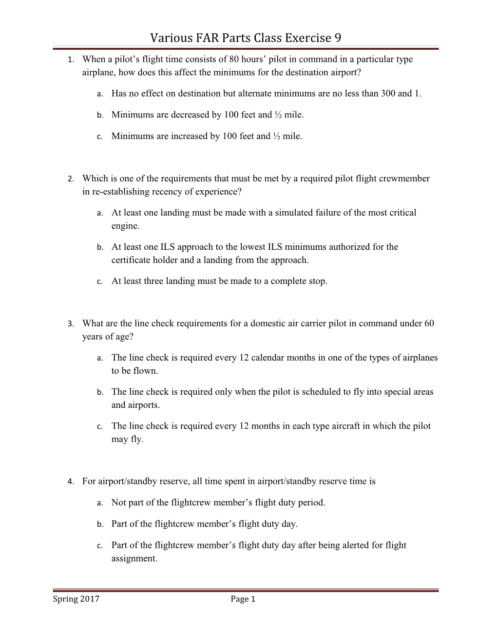 Various FAR Parts Class Exercise 9