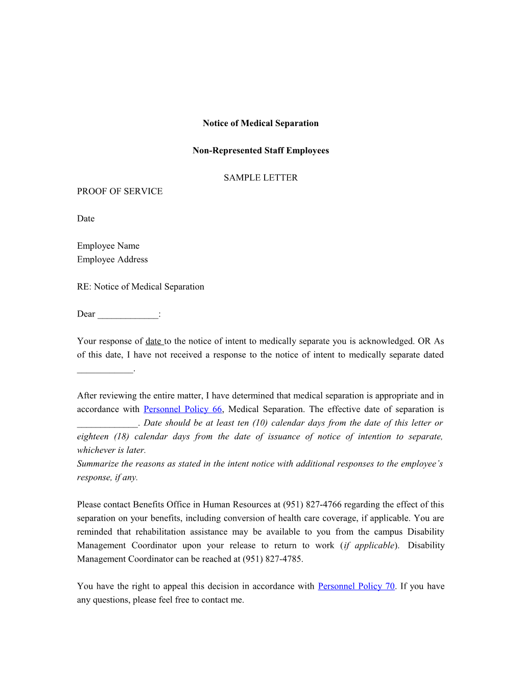 Notice of Intent to Medical Separation