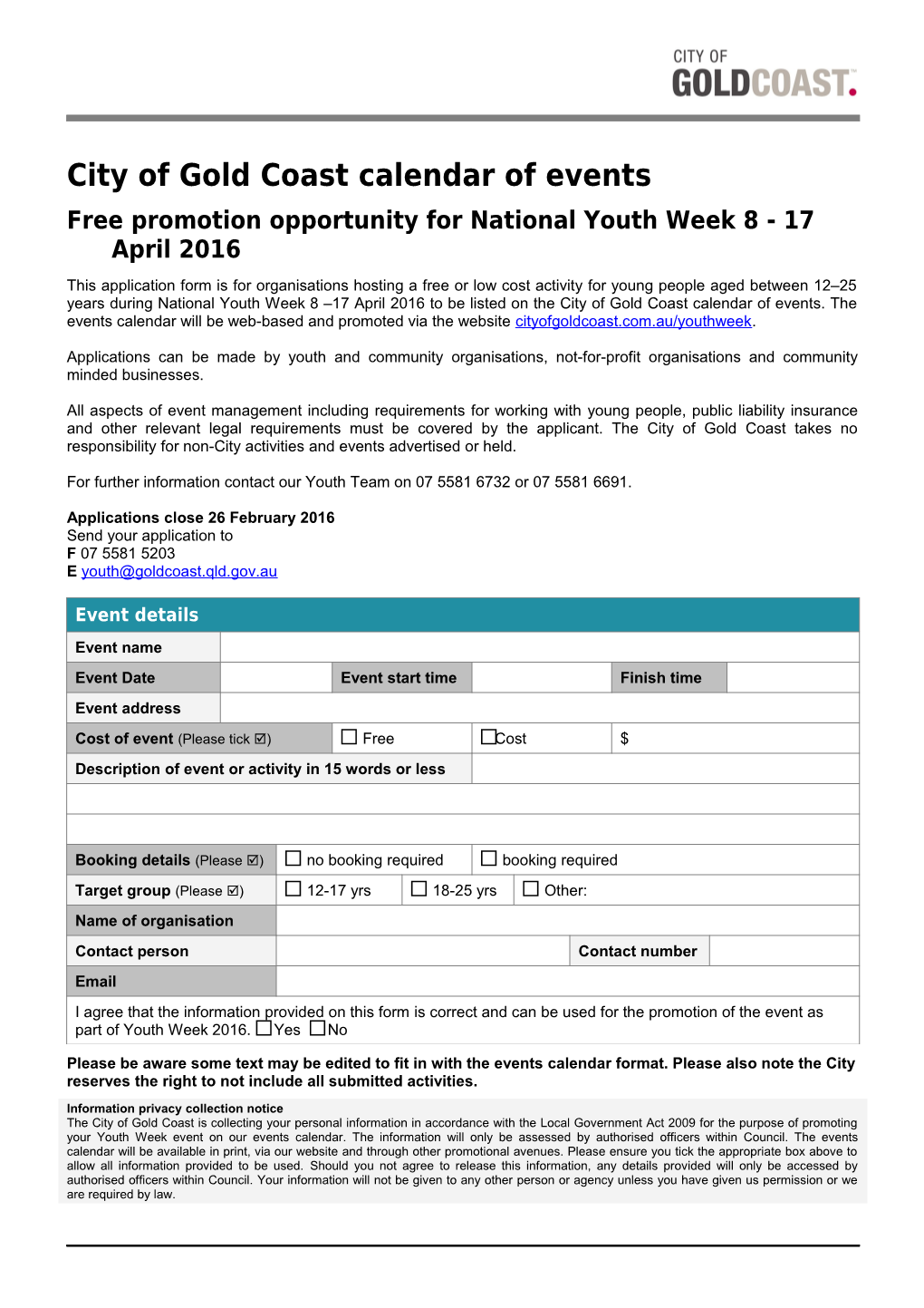 Free Promotion Opportunity for National Youth Week 8 - 17 April 2016 Application Form