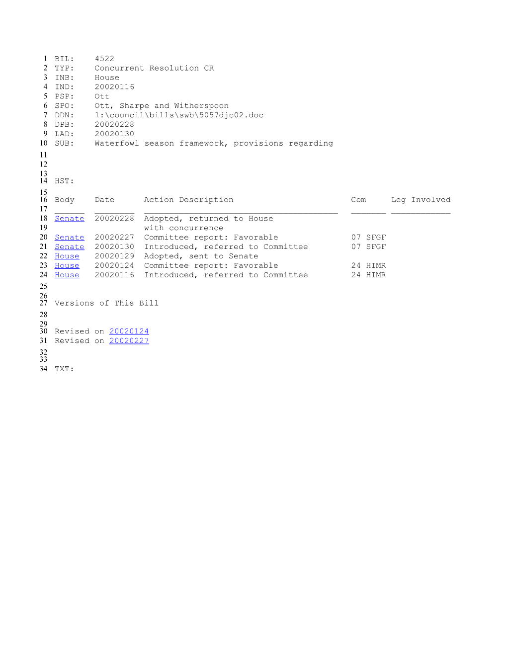 2001-2002 Bill 4522: Waterfowl Season Framework, Provisions Regarding - South Carolina