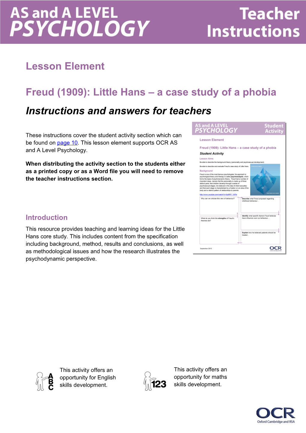 AS and a Level Psychology Lesson Element (Freud (1909): Little Hans a Case Study of a Phobia)