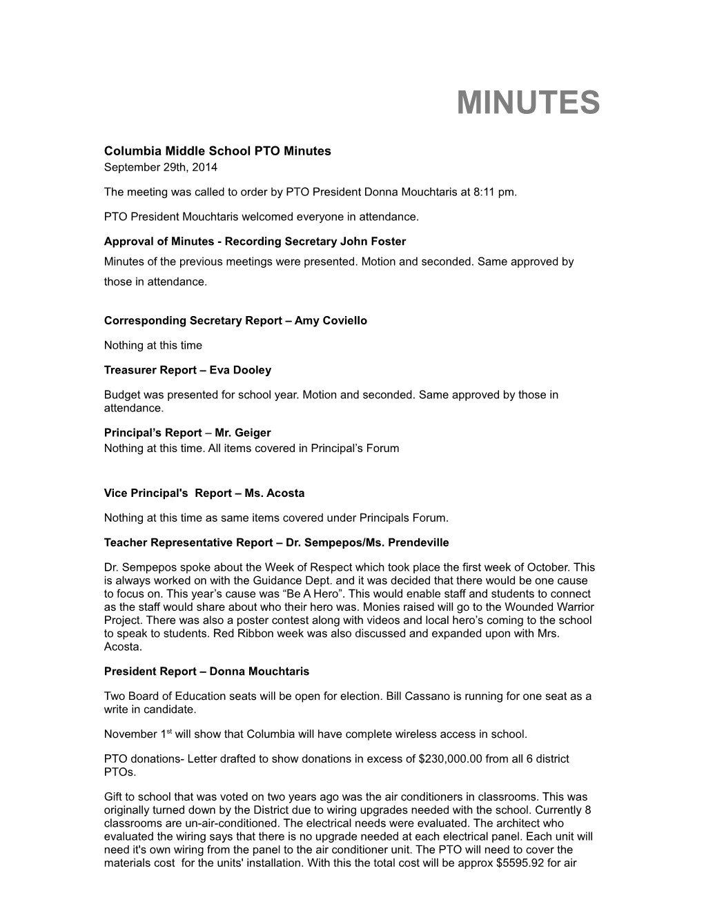 Columbia Middle School PTO Minutes
