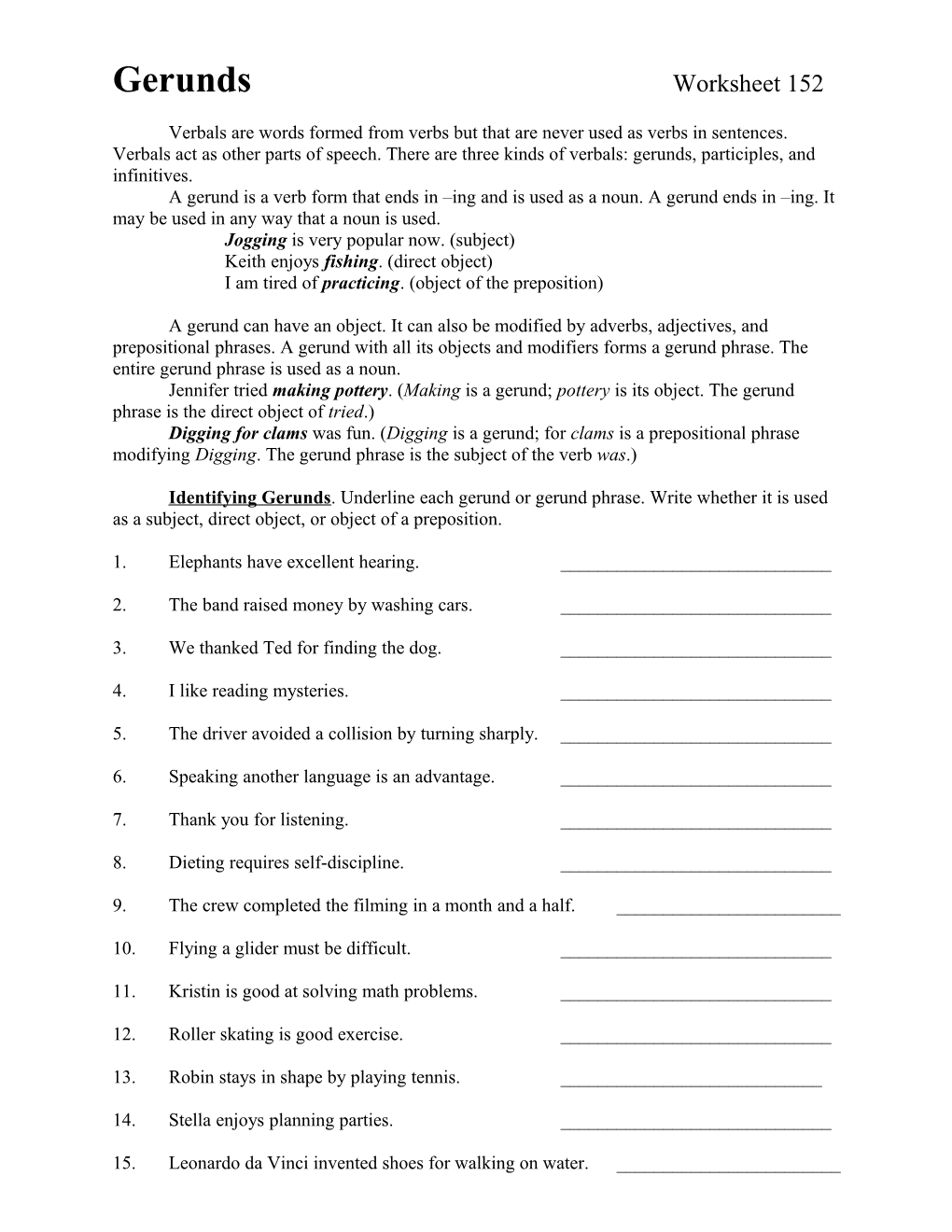 Gerunds Worksheet 152