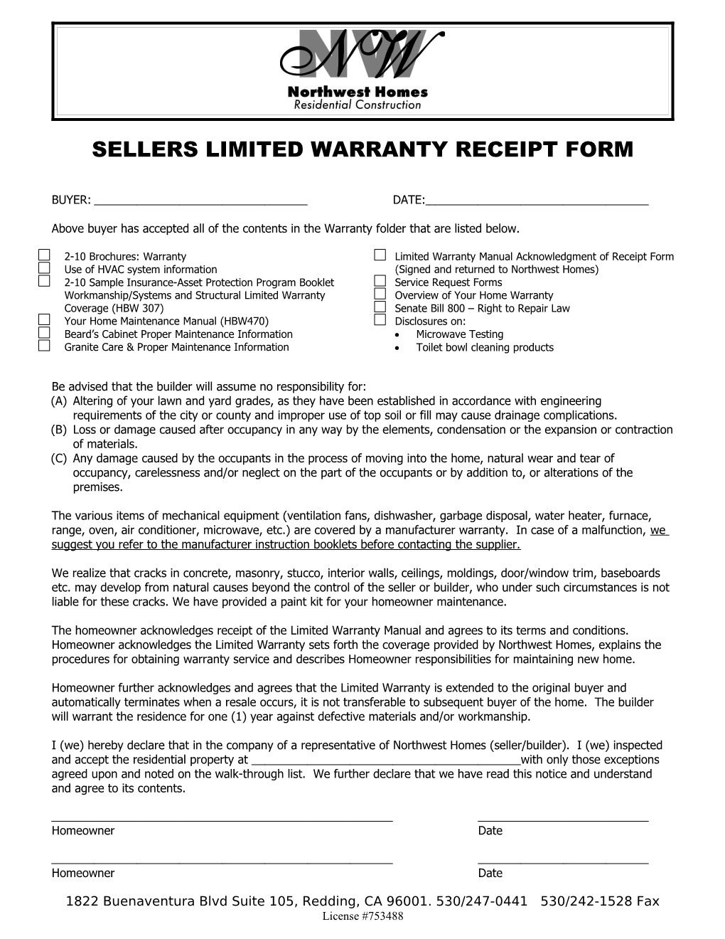 Sellers Limited Warranty Receipt Form