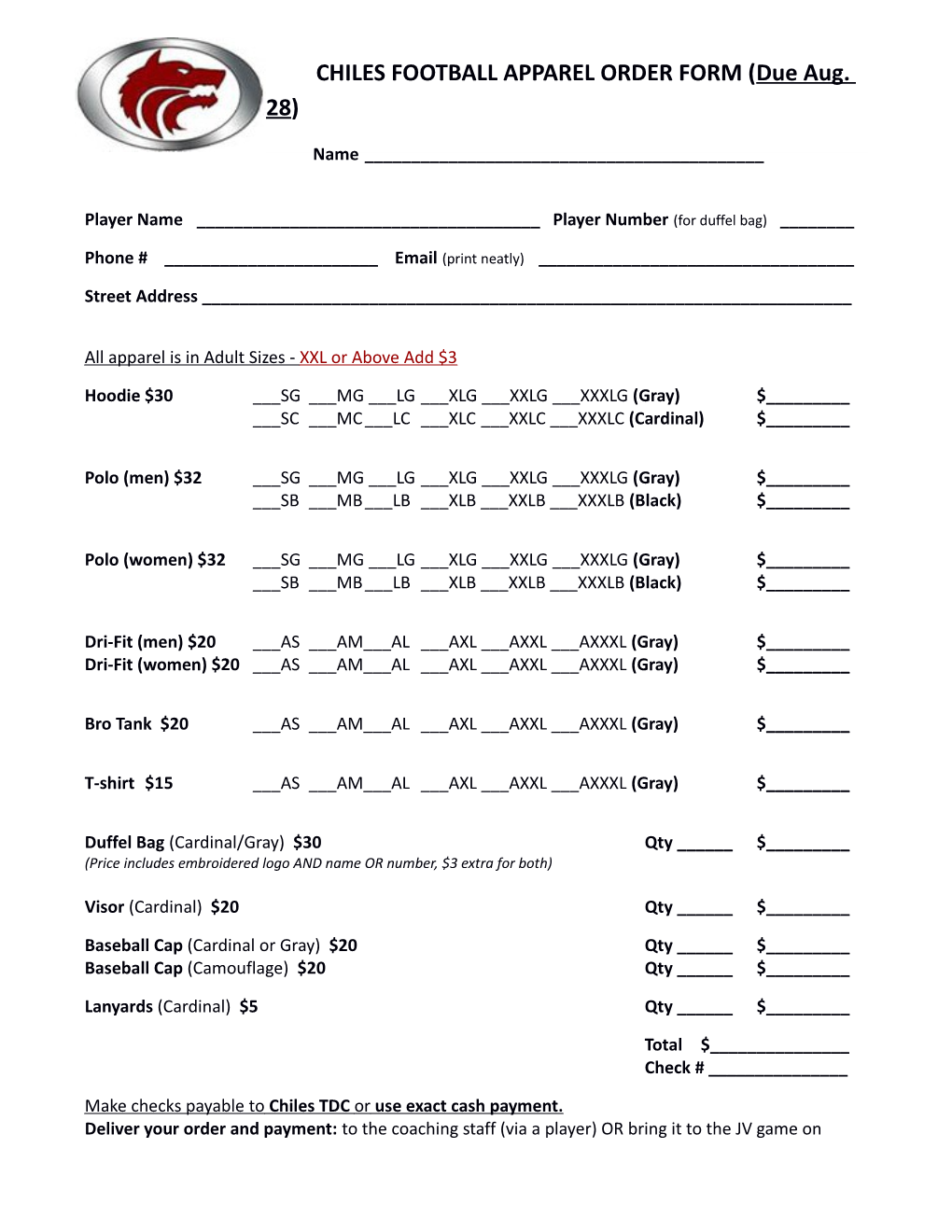 CHILES FOOTBALL APPAREL ORDER FORM (Due Aug. 28)