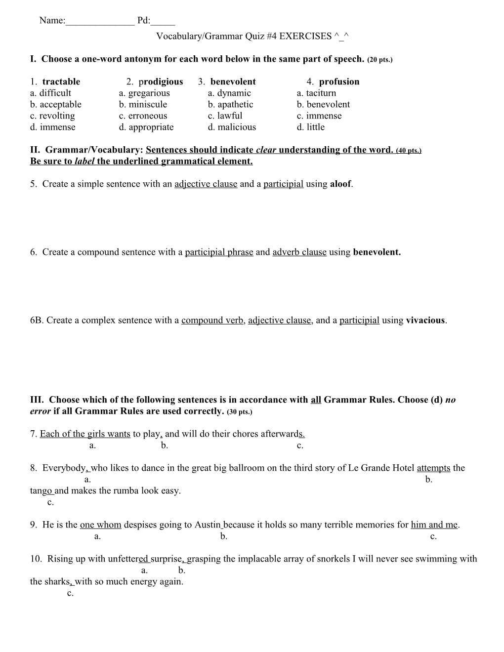 Vocabulary/Grammar Quiz #1