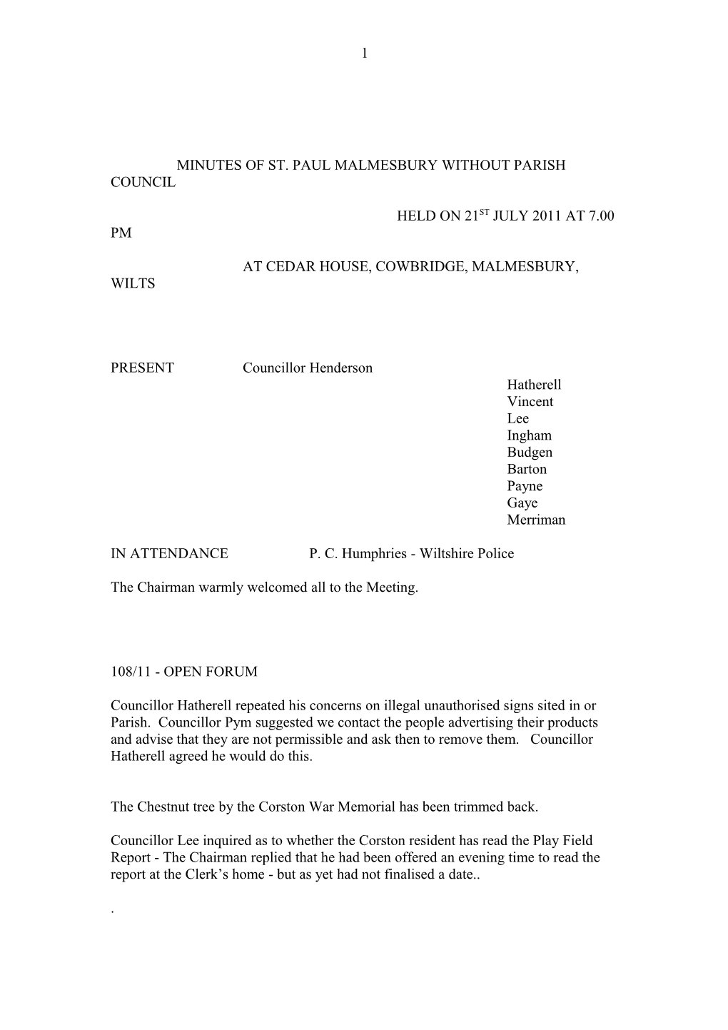 Minutes of St. Paul Malmesbury Without Parish Council