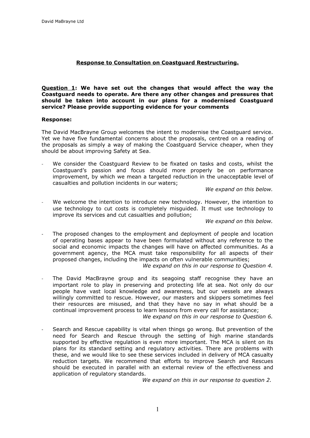 Response to Consultation on Coastguard Restructuring