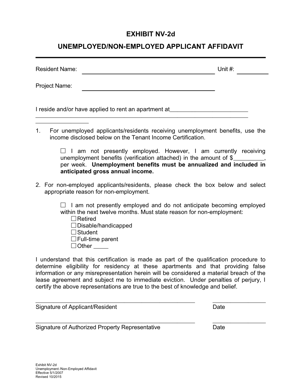 Unemployed/Non-Employed Applicant Affidavit