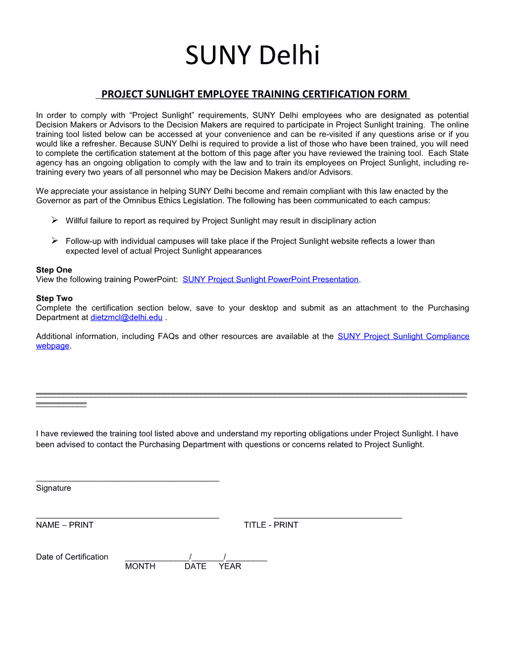 Project Sunlight Employee Training Certification Form