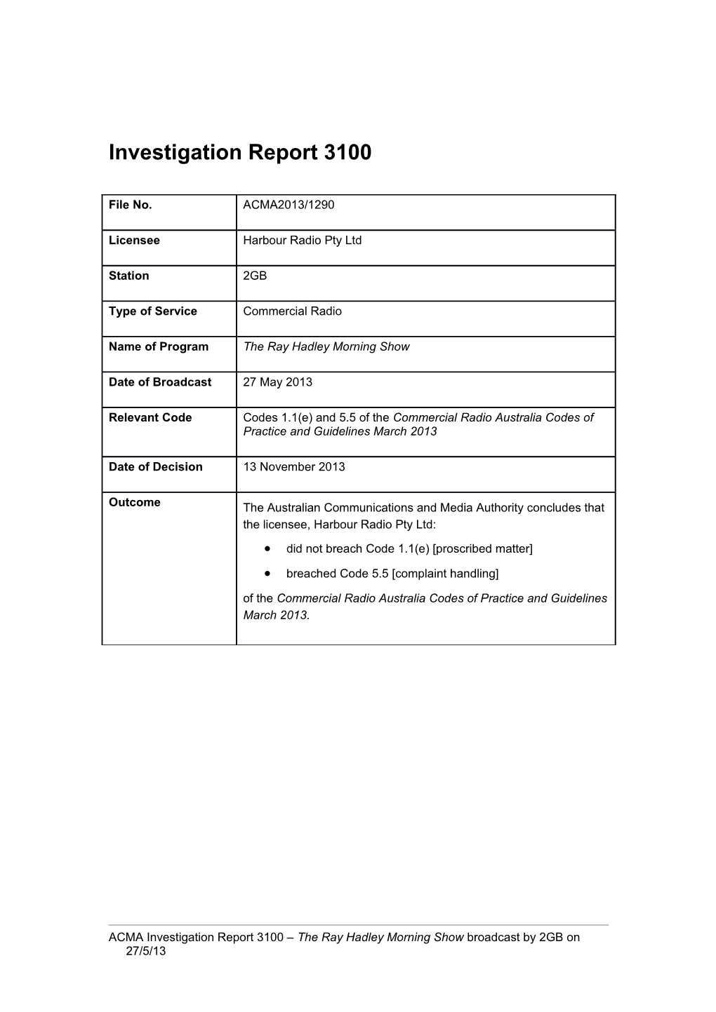 Investigation Report 3100