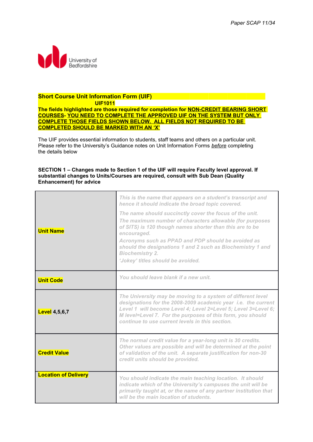 Short Course Unit Information Form (UIF) UIF1011