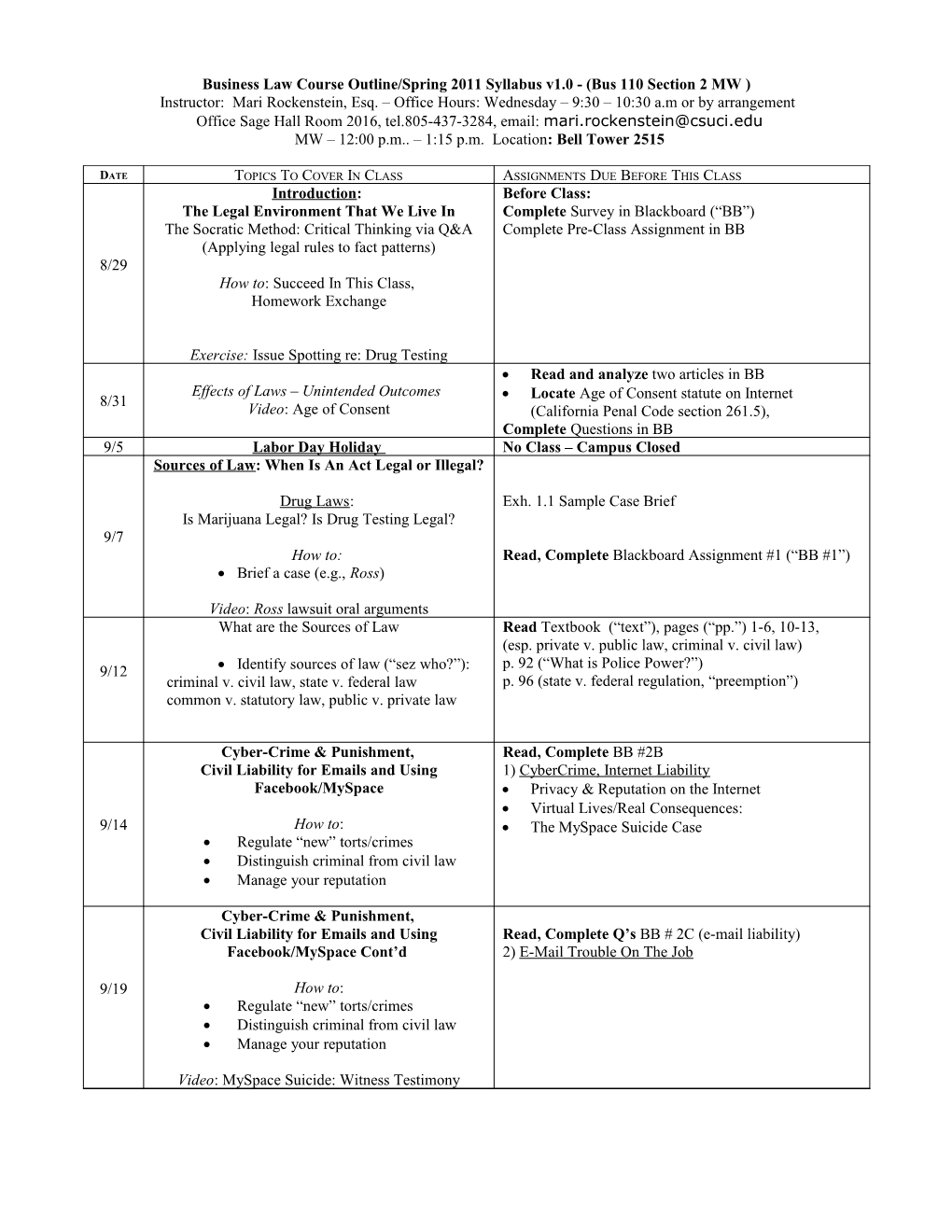 Business Law Course Outline, Fall 2008 (Bus 110 Sections 1 and 2) Syllabus Version 1