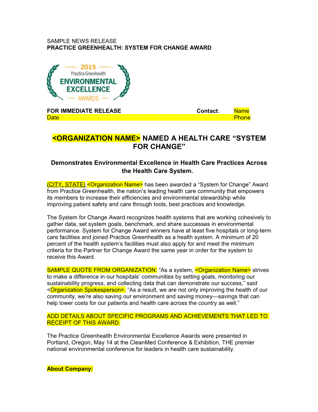 Sample News Release Practice Greenhealth: System for Change Award