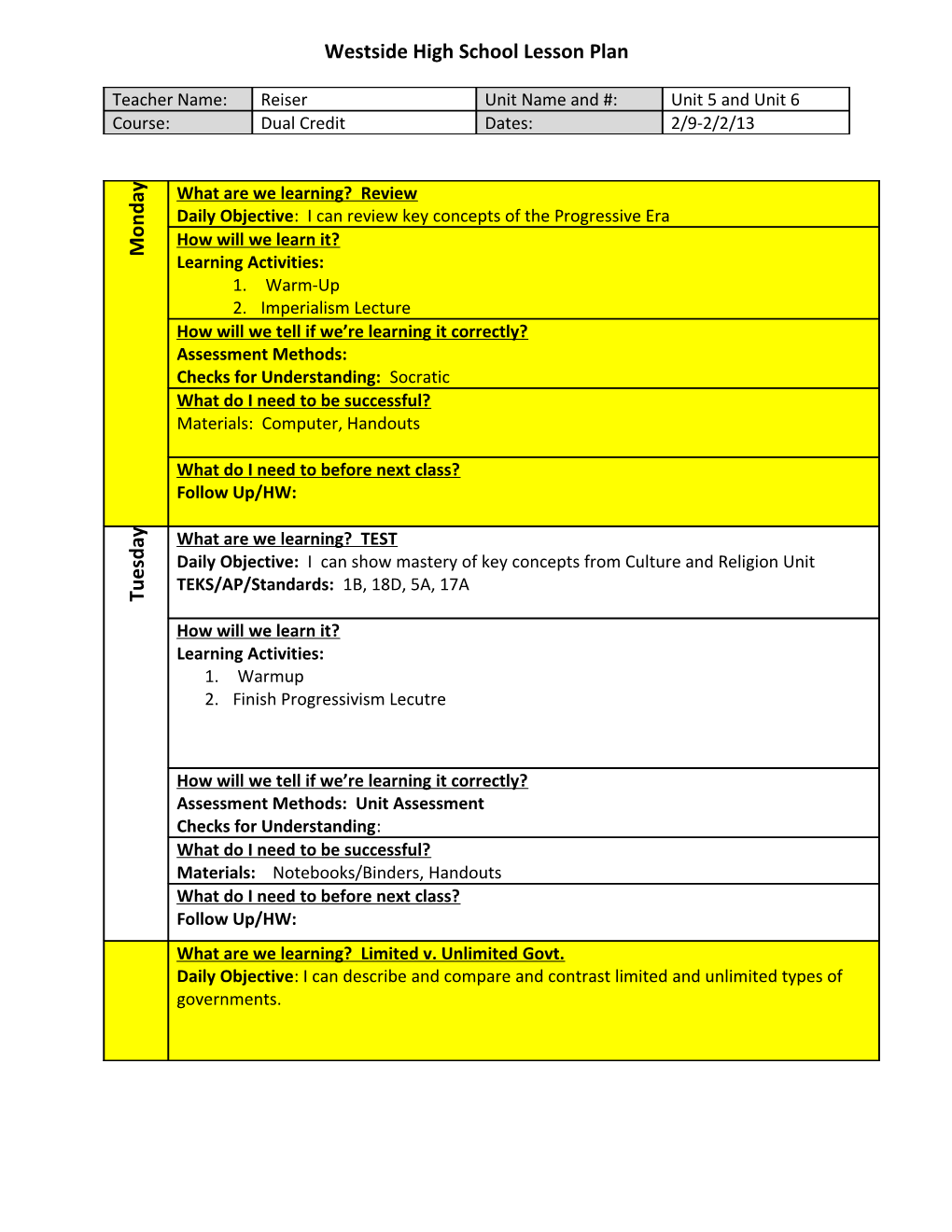 Westside High School Lesson Plan s6