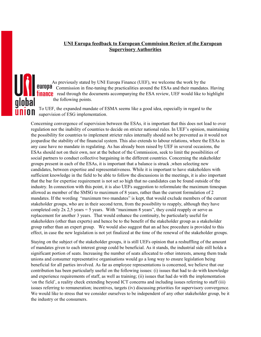 UNI Europa Feedback to European Commission Review of the European Supervisory Authorities