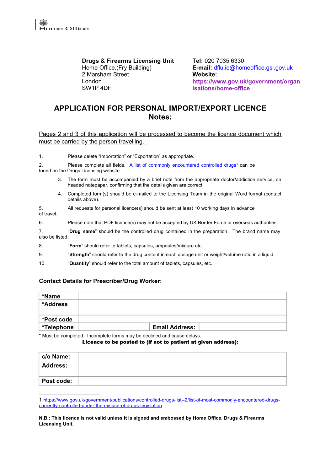 Application for Personal Import/Export Licence