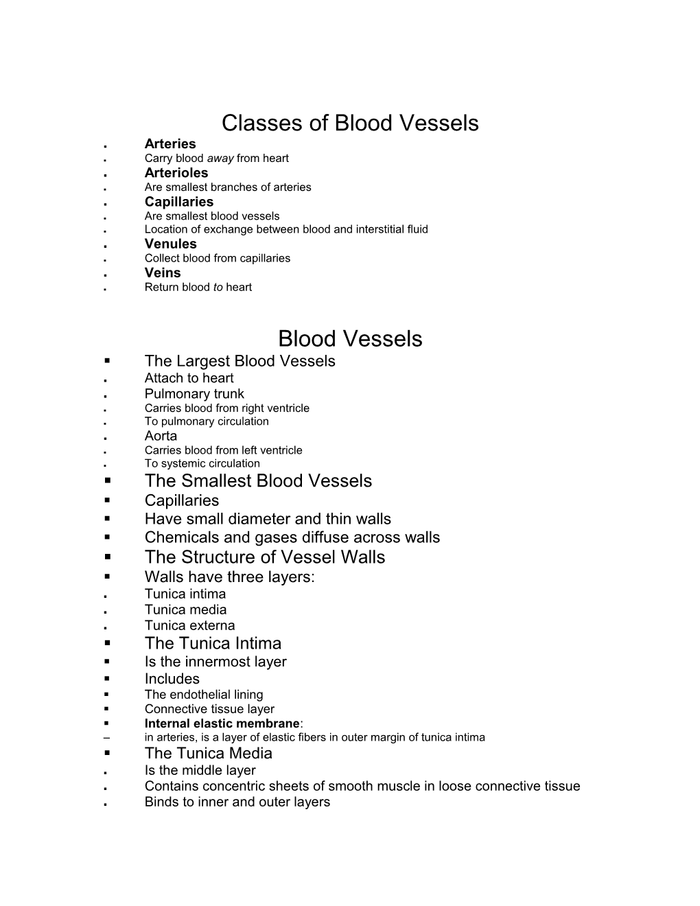 Classes of Blood Vessels