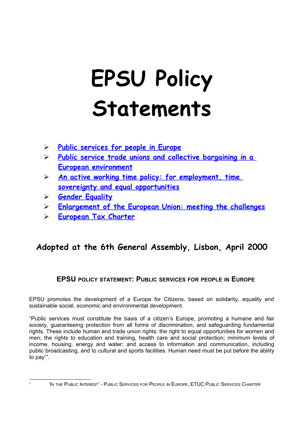 EPSU Policy Statements