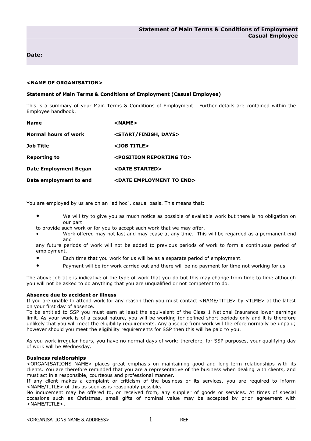 Statement Of Main Terms & Conditions Of Employment