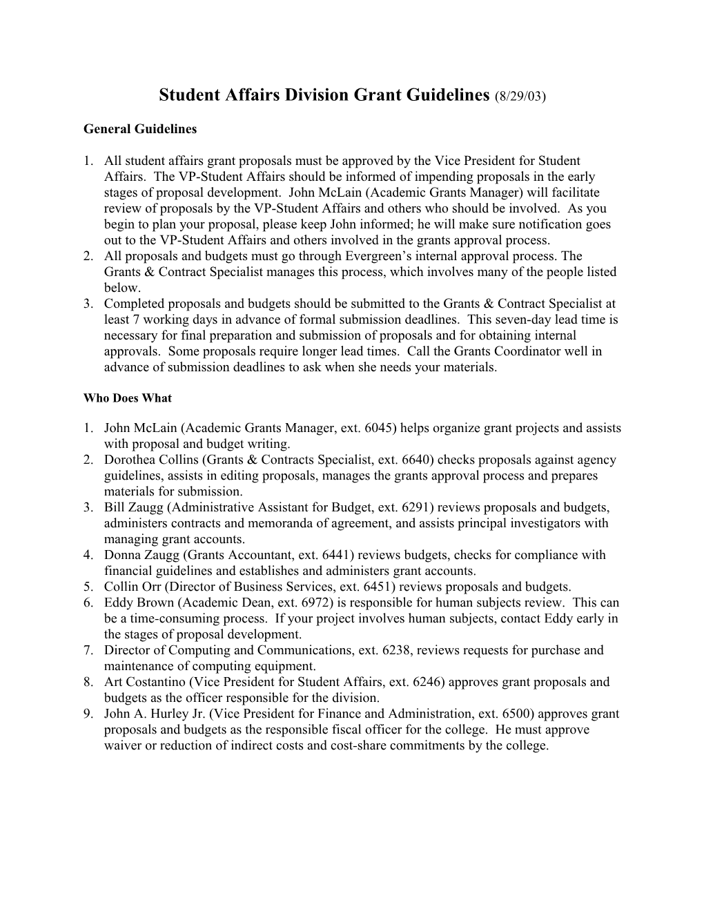Student Affairs Division Grant Guidelines (4/15/02)