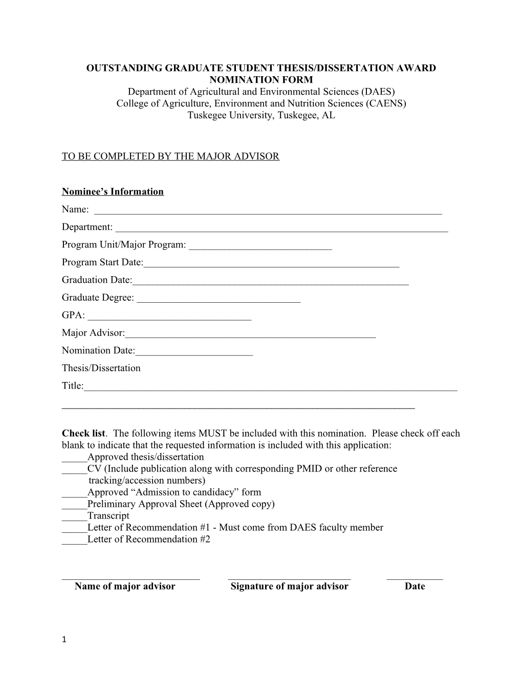 Outstanding Graduate Student Thesis/Dissertation Award Nomination Form