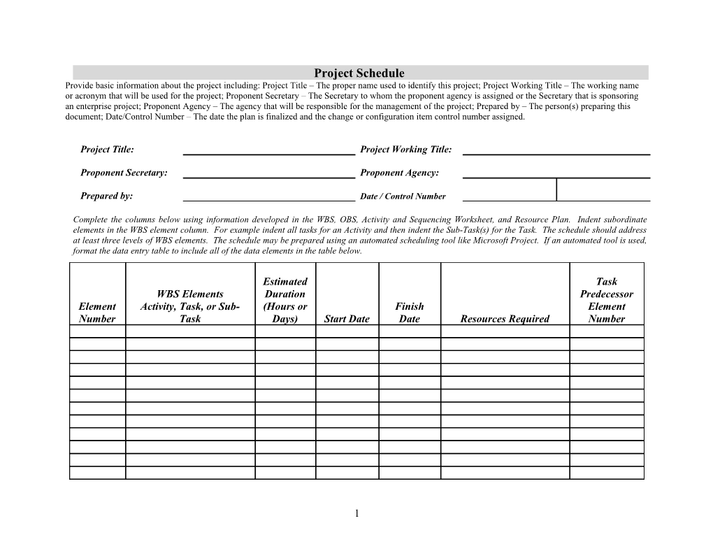 Project Schedule Worksheet