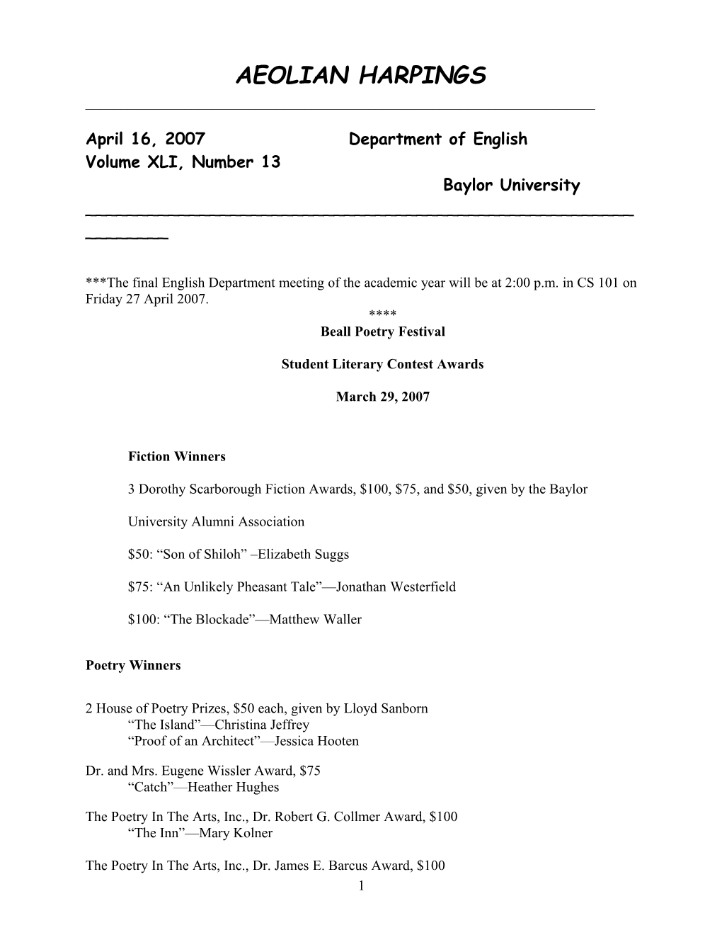 April 16, 2007 Department of English Volume XLI, Number 13