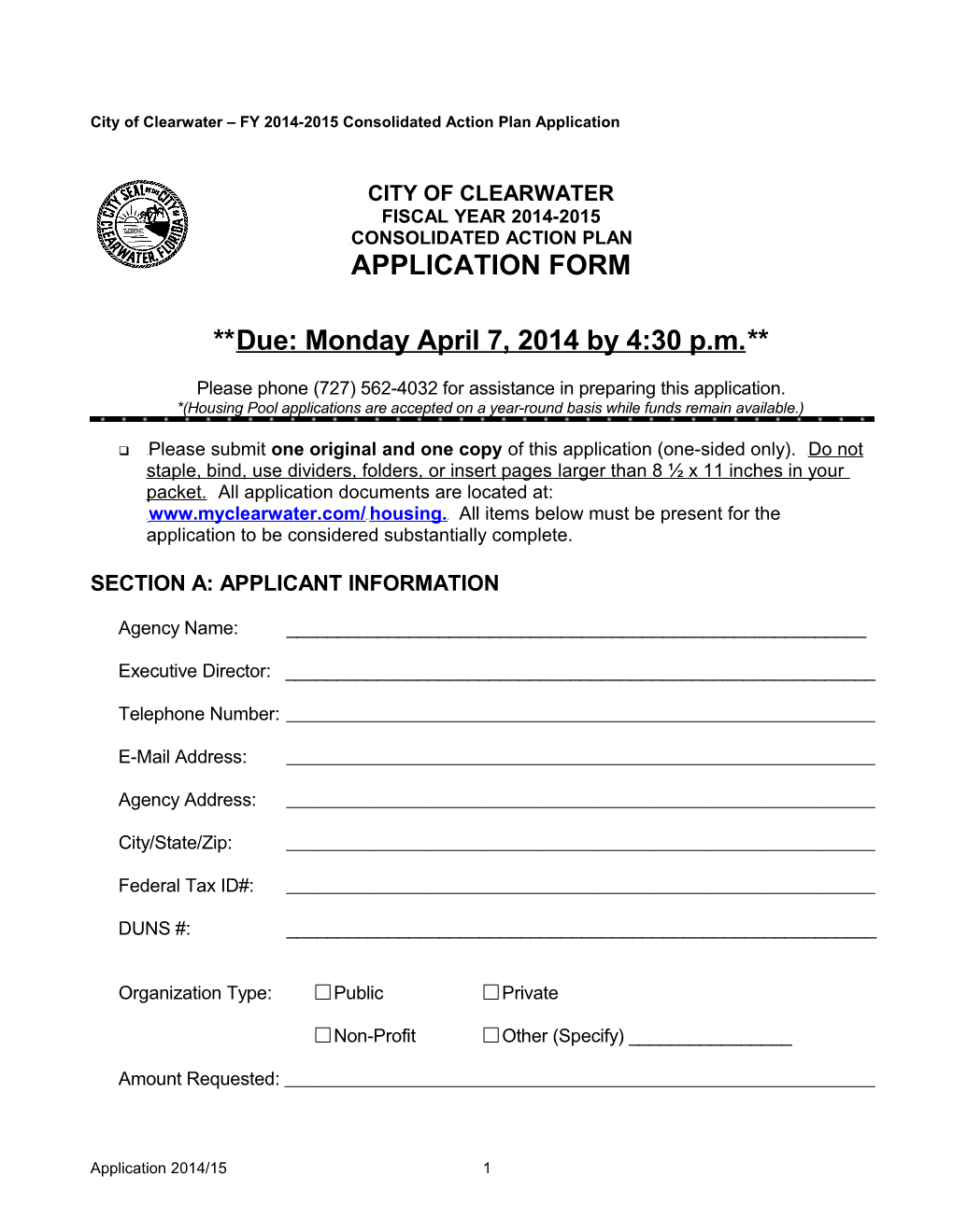 City of Clearwater FY 2014-2015 Consolidated Action Plan Application