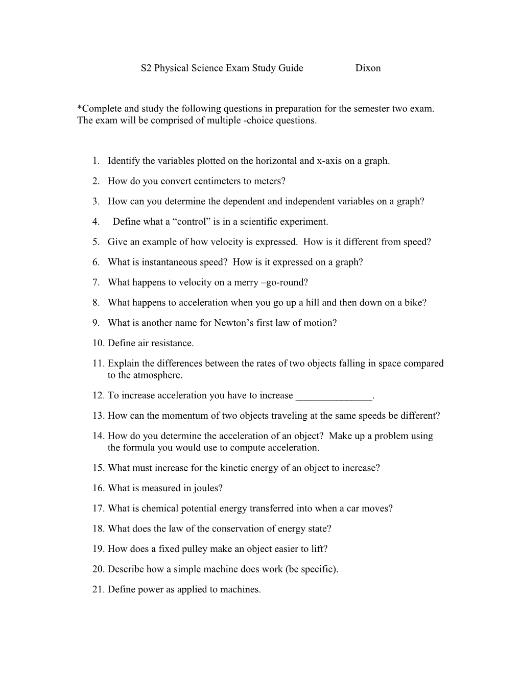 S2 Physical Science Exam Study Guide Dixon