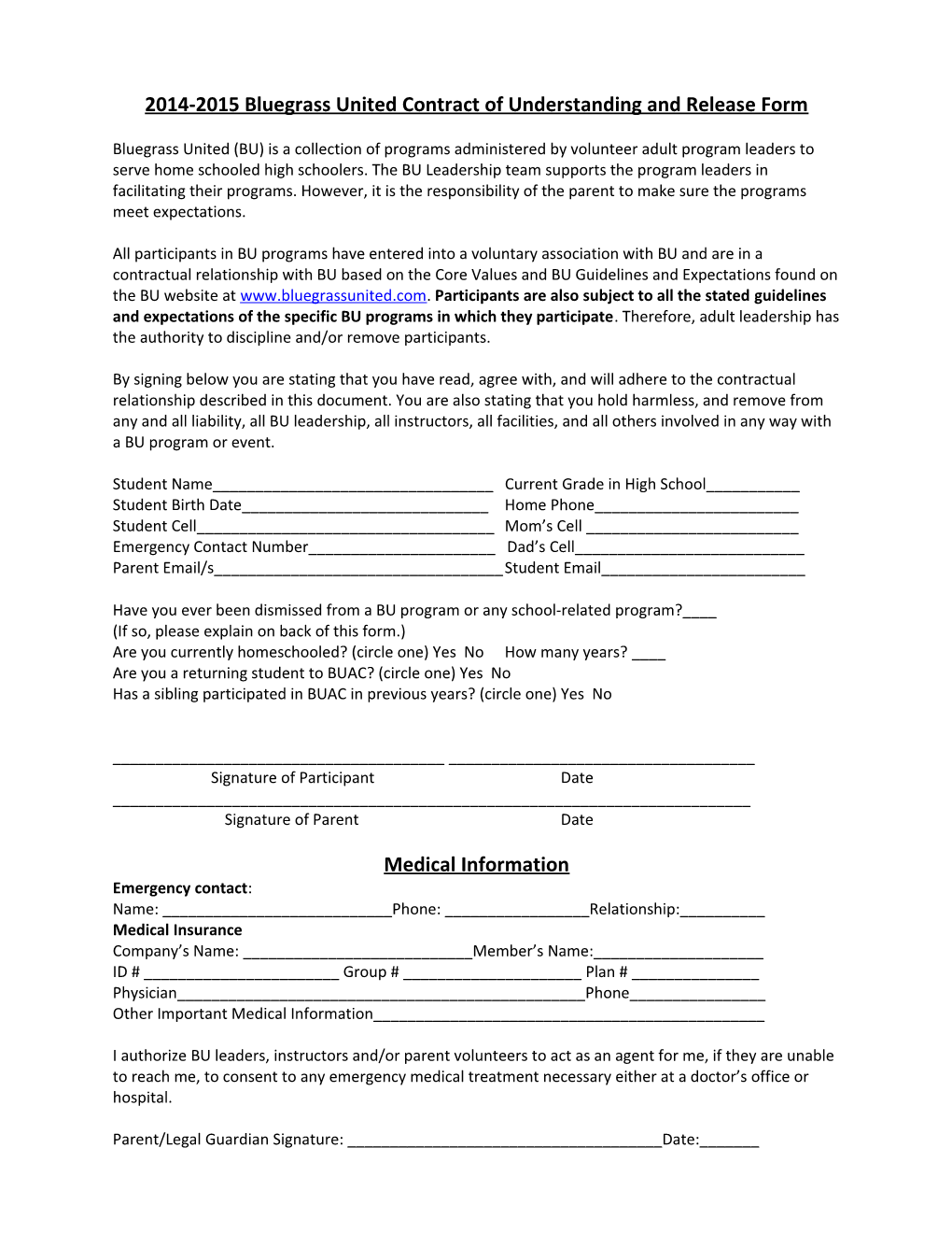 2014-2015 Bluegrass United Contract of Understanding and Release Form