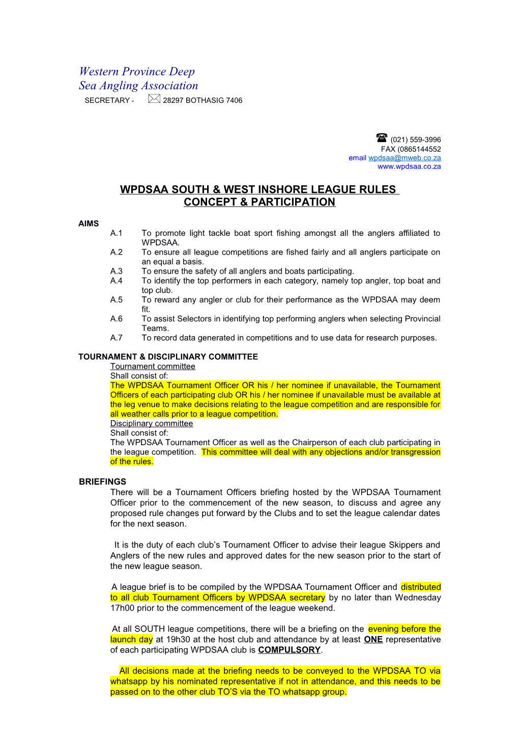 Wpdsaa South & West Inshore League Rules