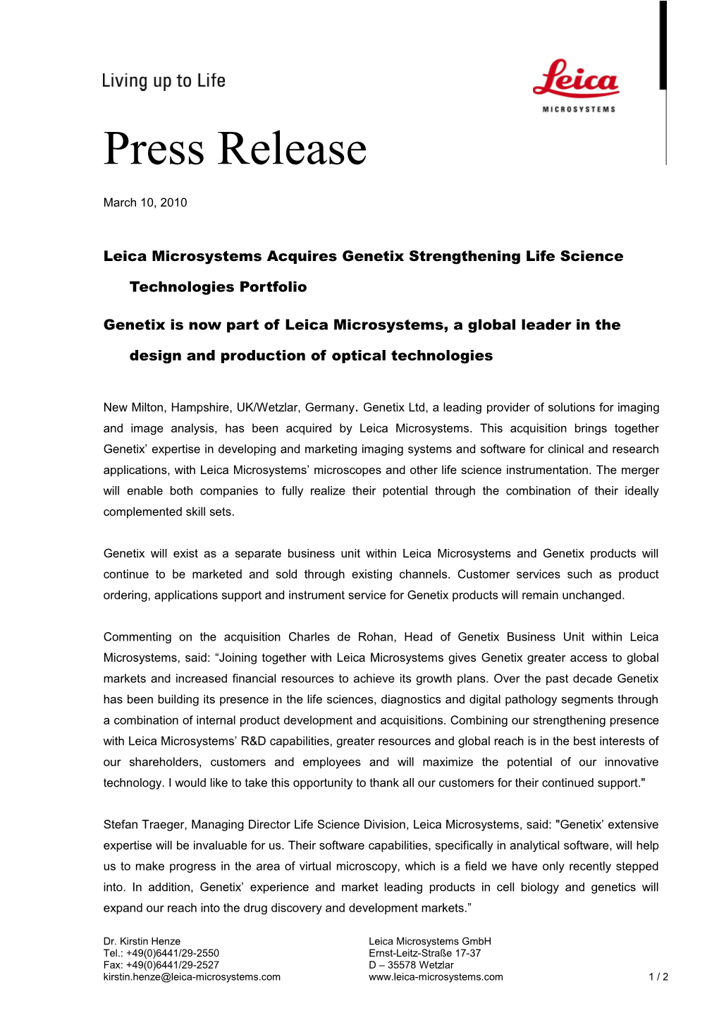 Leica Microsystems Press Release
