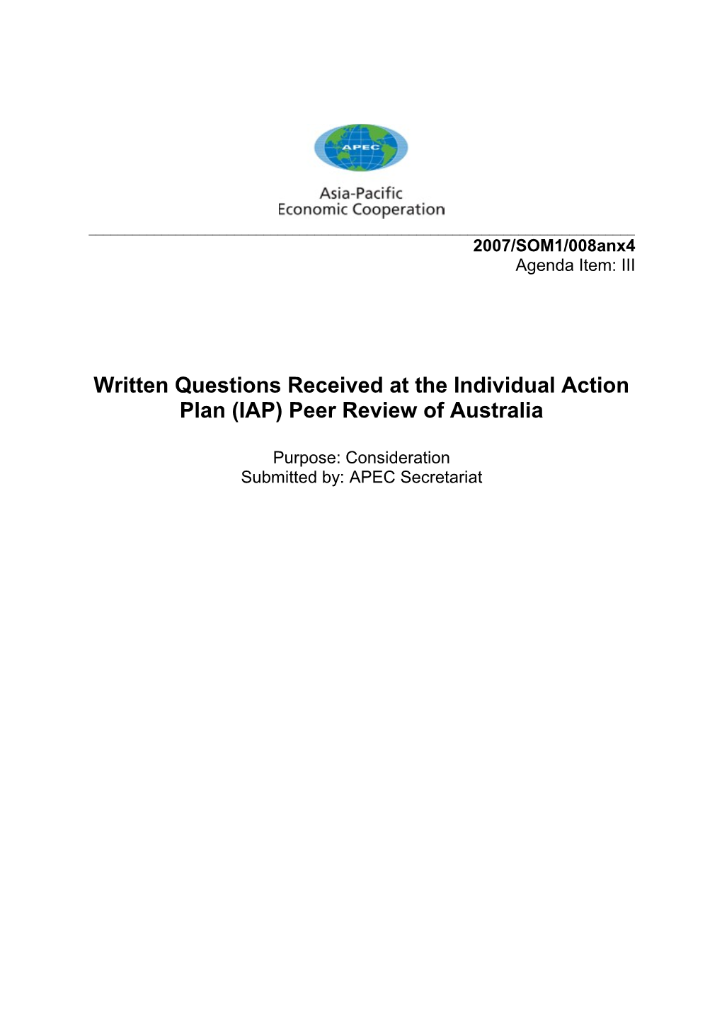 Written Questions Australia IAP 2007-01-16