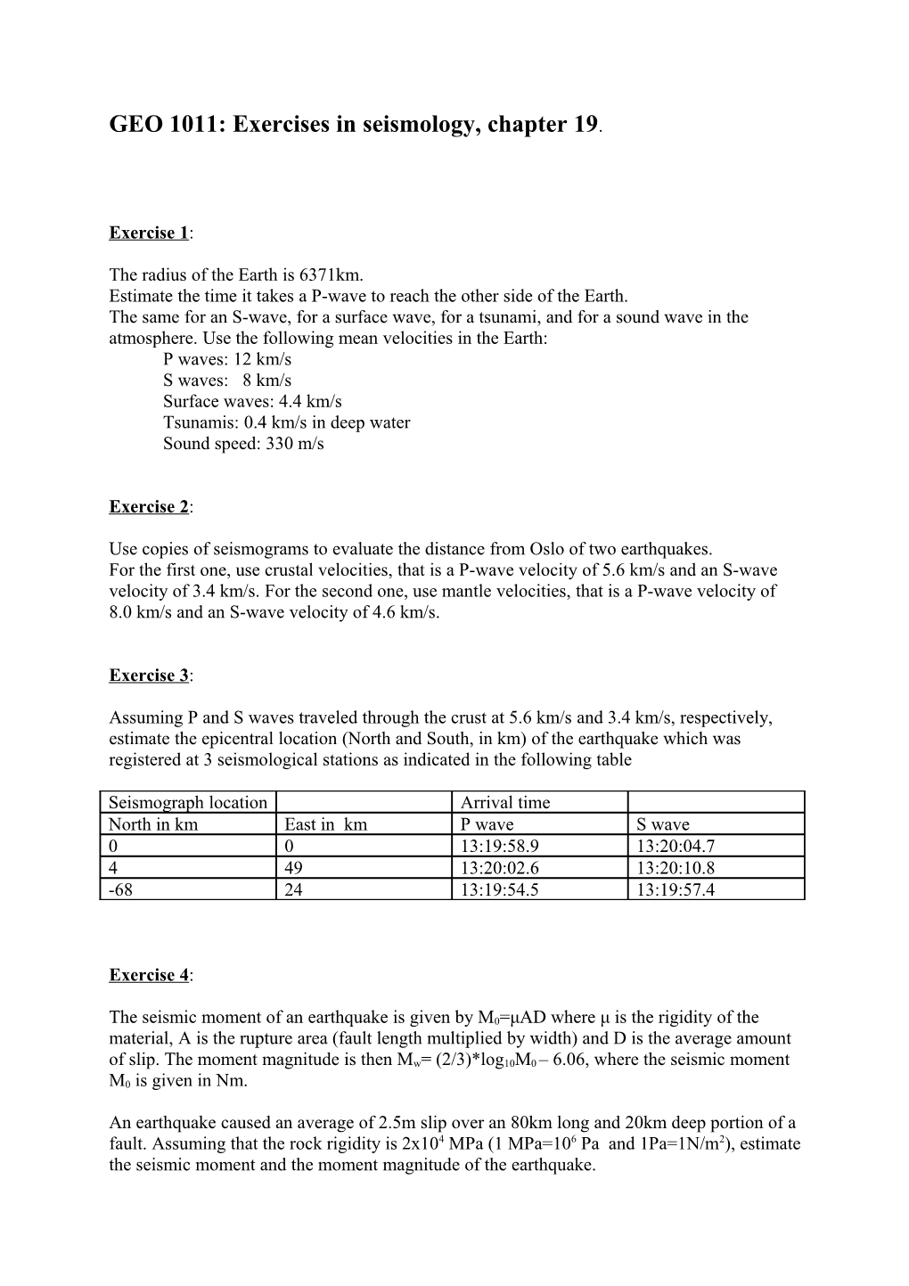 GEO 1011: Exercises in Seismology, Chapter 19