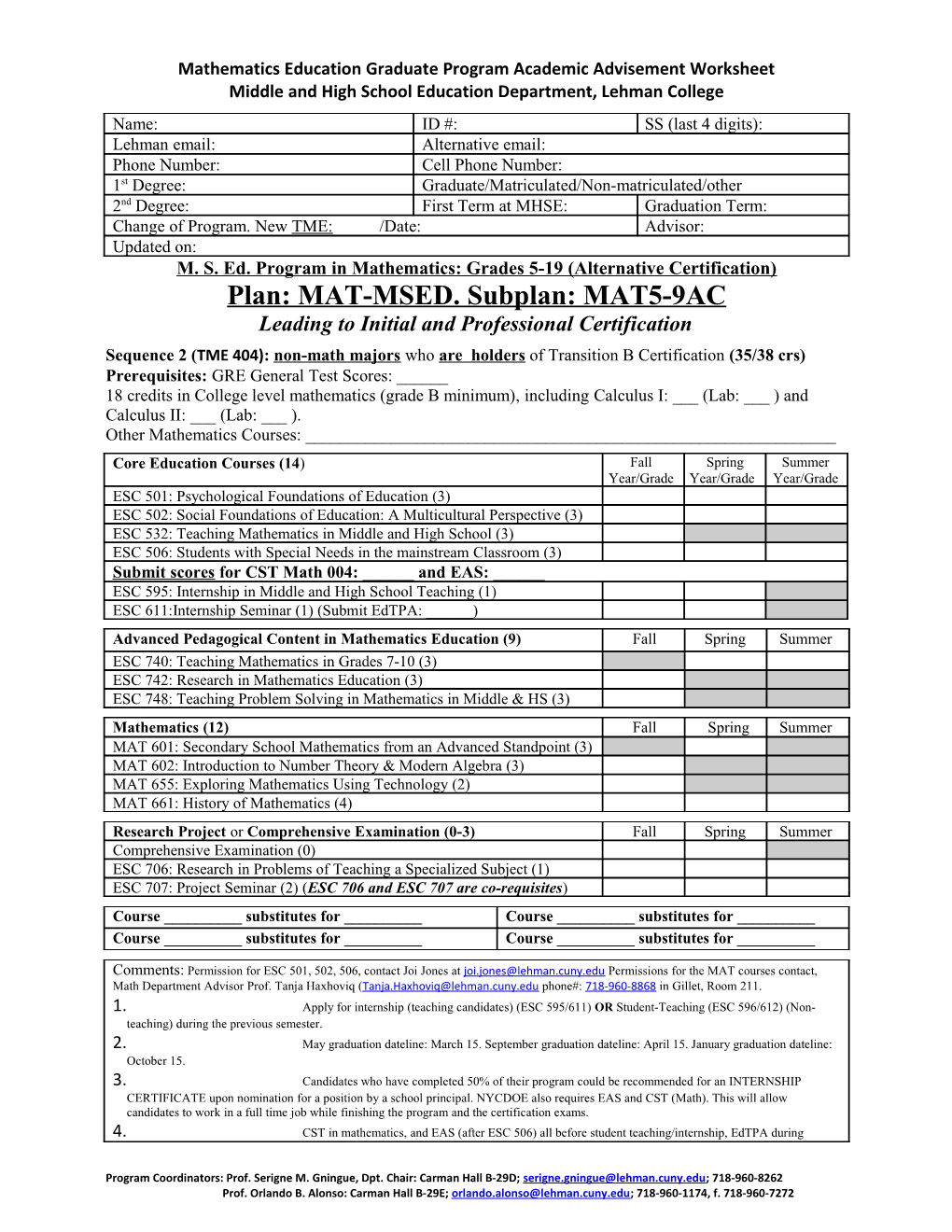 Mathematics Education Graduate Program Academic Advisement Worksheet