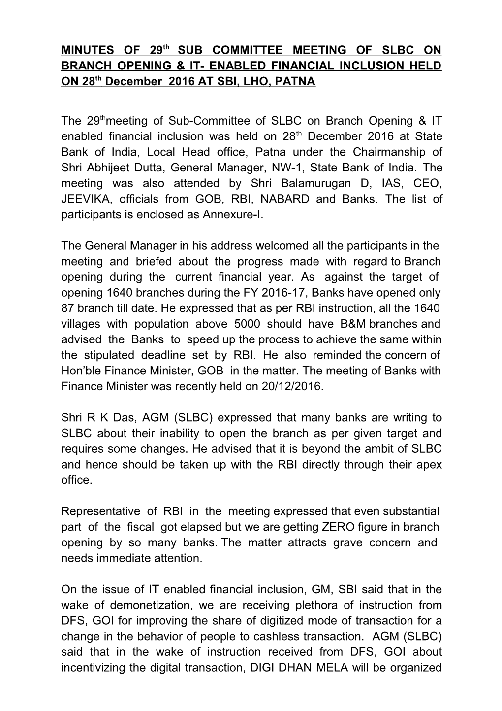 MINUTES of 24Th SUB COMMITTEE MEETING of SLBC on BRANCH OPENING & IT- ENABLED FINANCIAL