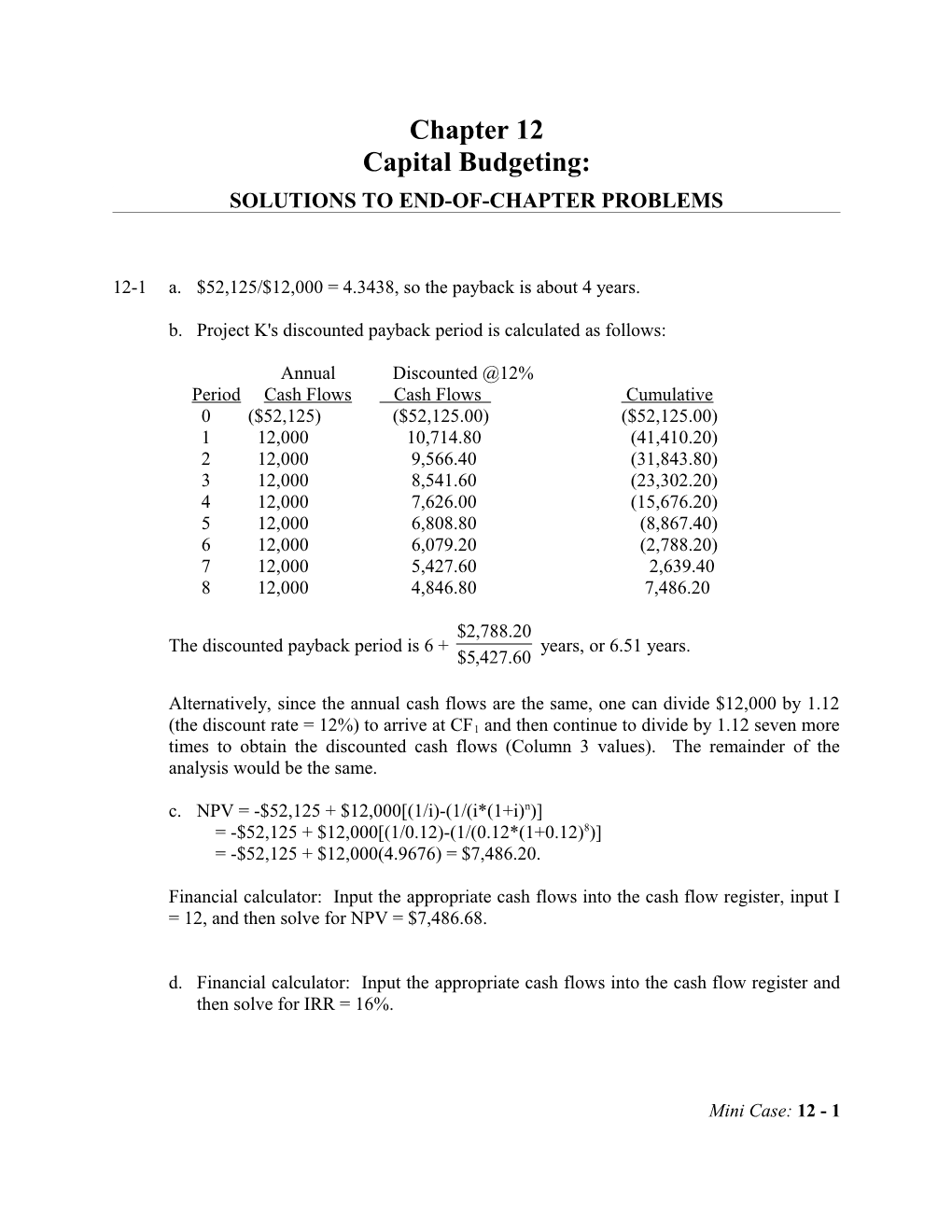 Capital Budgeting Basics, Instructor's Manual