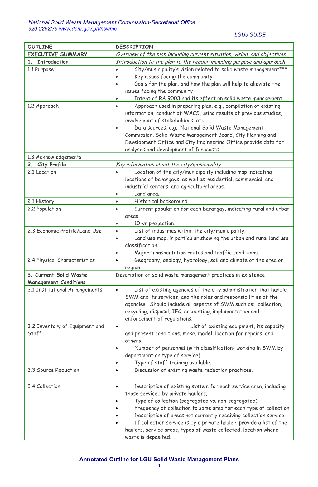 Annotated Outline for LGU Solid Waste Management Plans