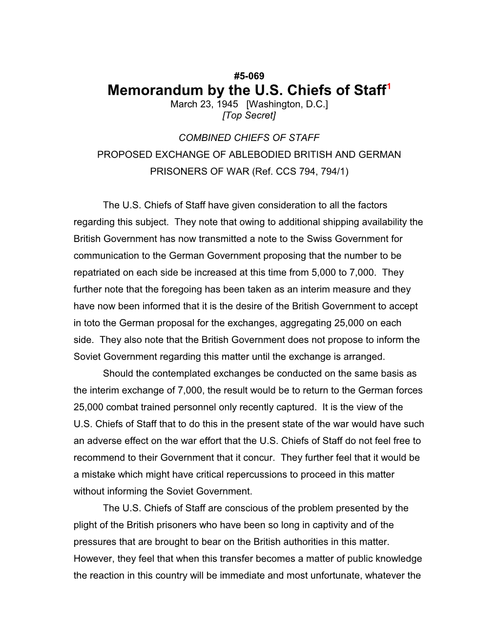 Memorandum by the U.S. Chiefs of Staff1
