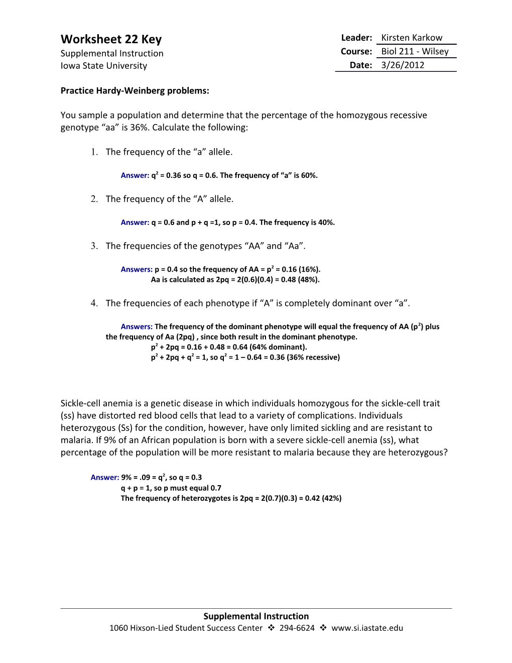 Practice Hardy-Weinberg Problems