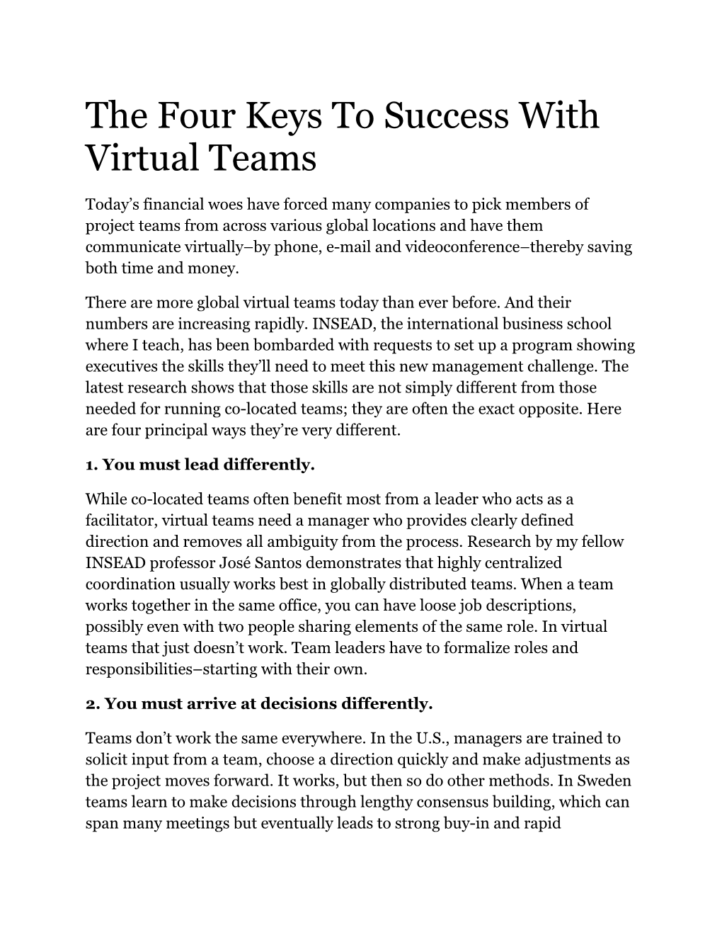 The Four Keys to Success with Virtual Teams