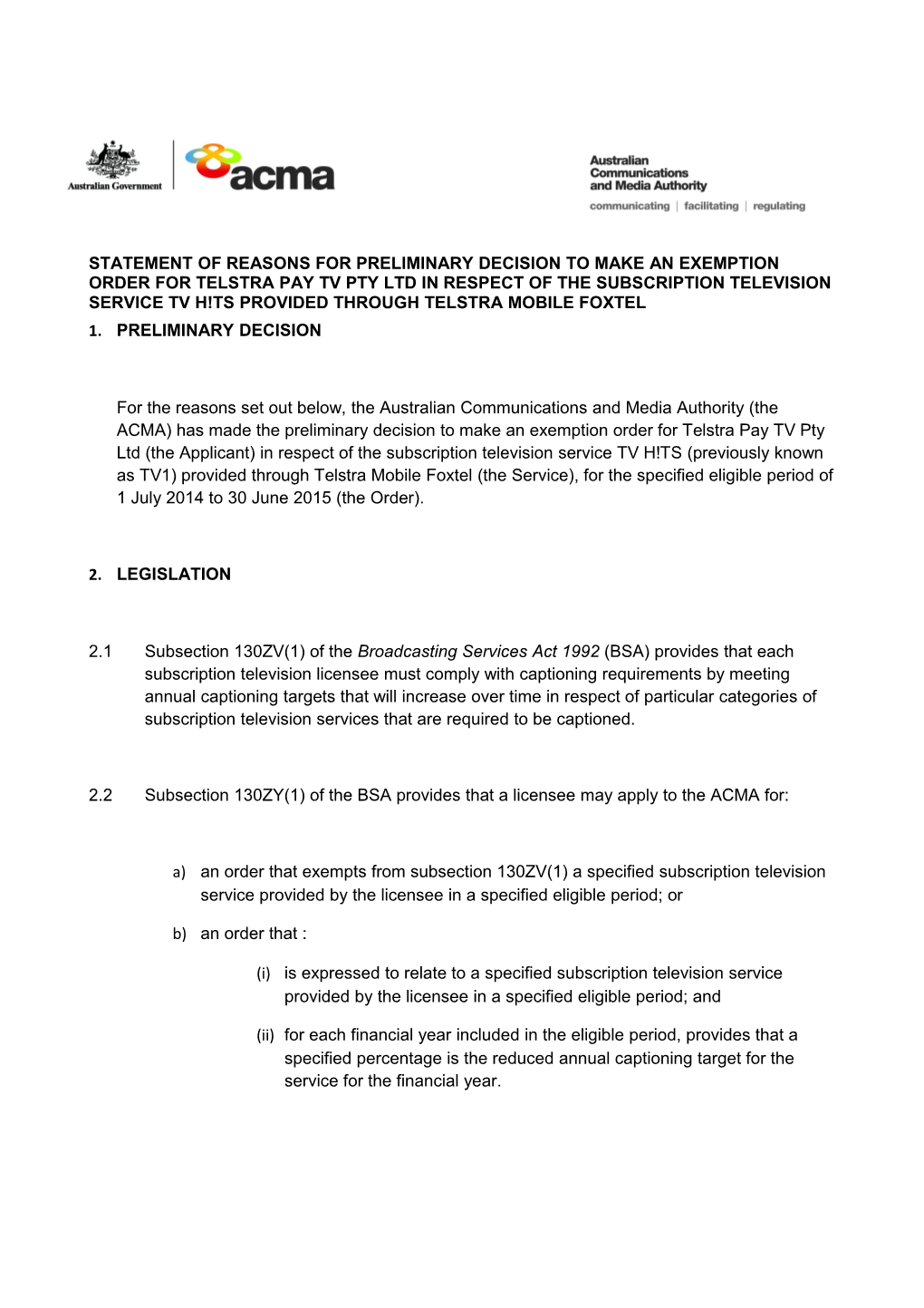 CONS Prelim SOR EO 218 TV HITS