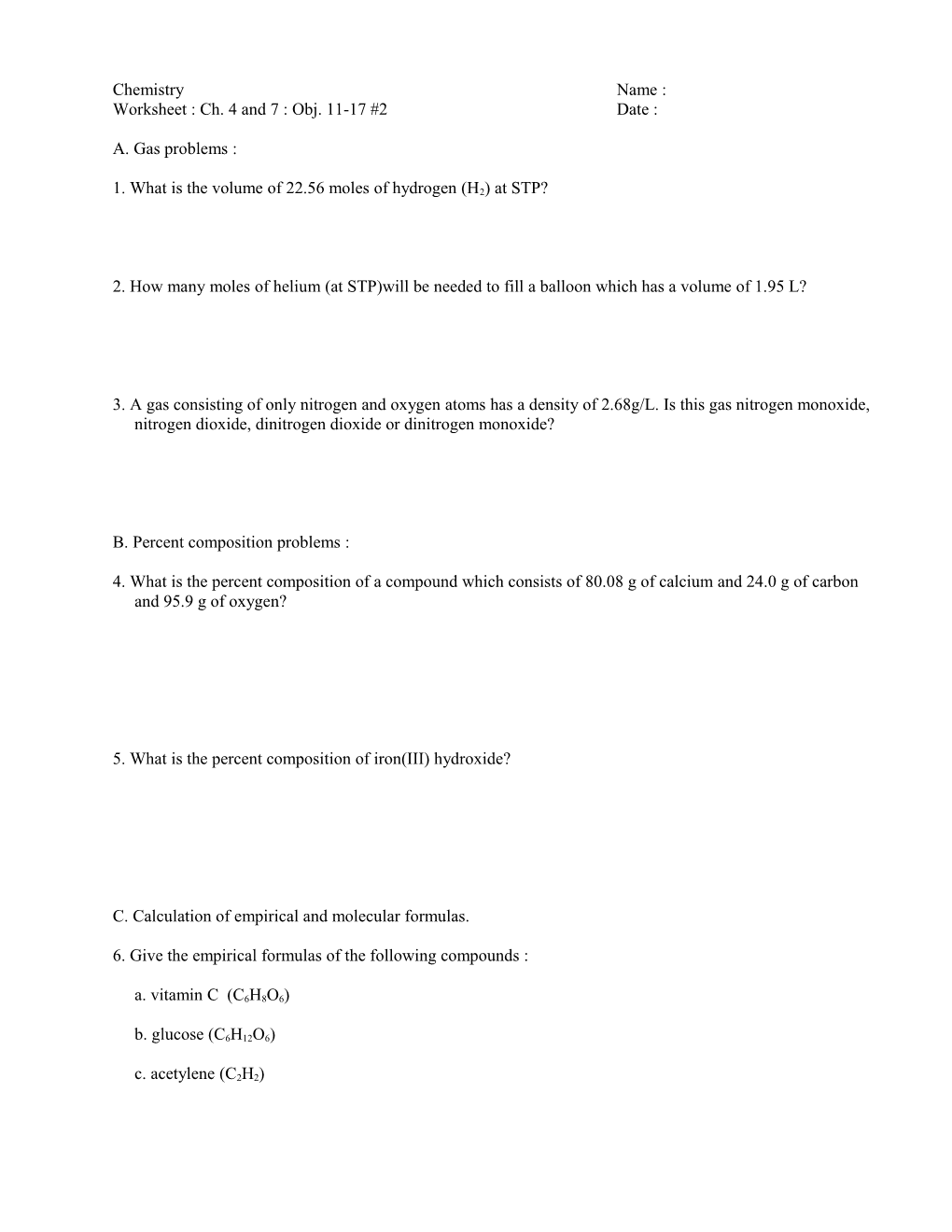 Worksheet : Ch. 4 and 7 : Obj. 11-17 #2 Date